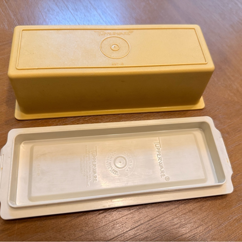 VTG 70s Tupperware Butter Dish Keeper - Harvest Gold Top 637-4 Almond Base 636-2